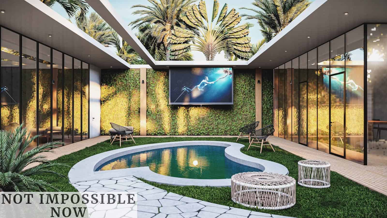 a backyard with a pool and a television